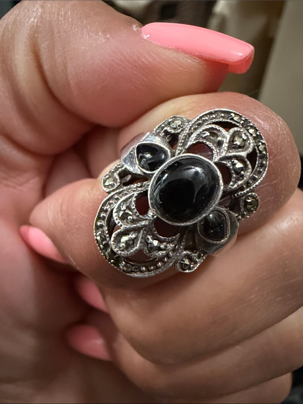 Marcasite Onyx Sterling Silver Ring